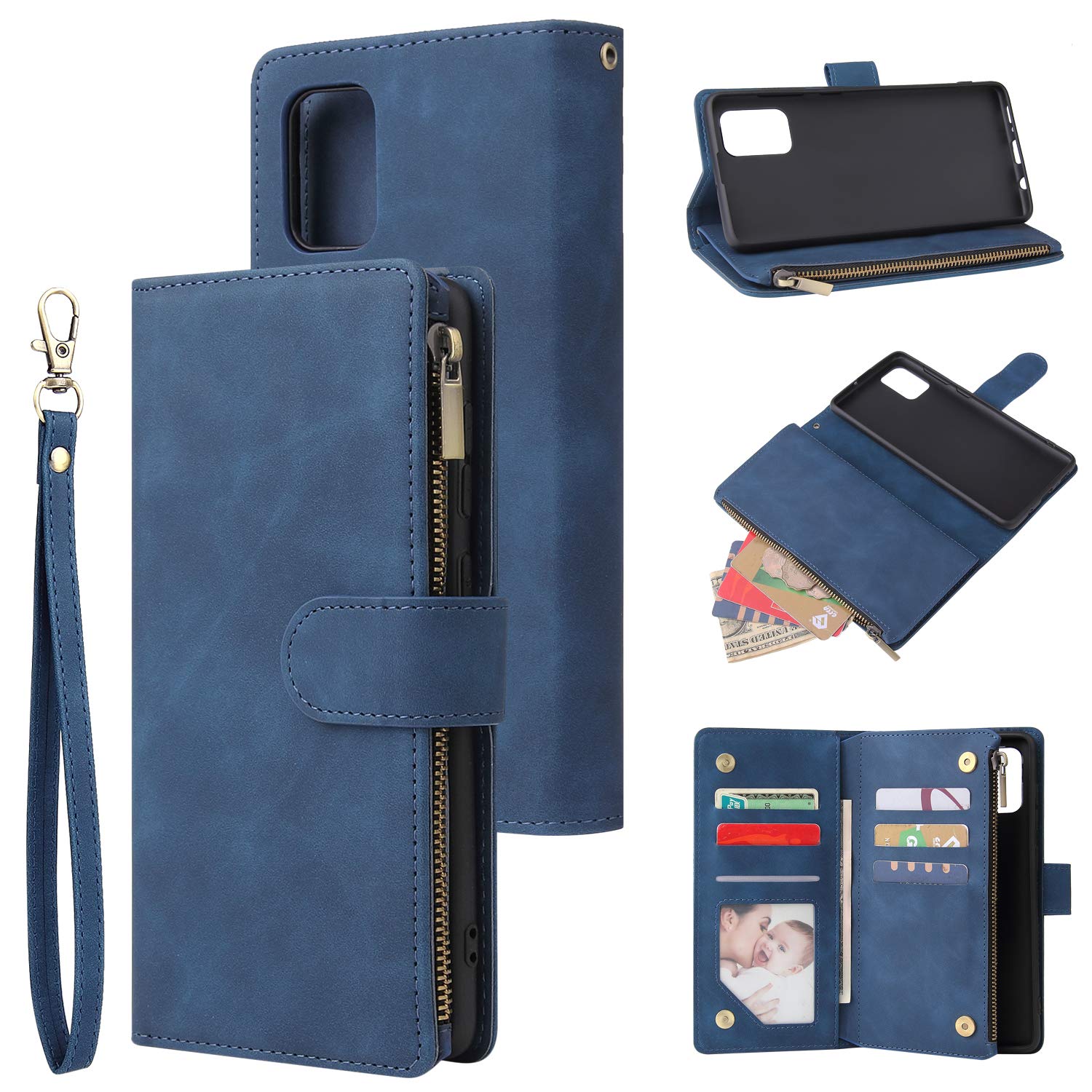 QLTYPRI Case for Samsung Galaxy A71, Large Capacity Leather Wallet Case 6 Card Holder & 1 Zipper Pocket Kickstand Wrist Strap Magnetic Protective Cover for Samsung Galaxy A71 - Blue
