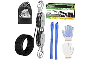 XSTRAP STANDARD Rope Hoist Pulley System, 1000LB Capacity Block and Tackle, 5:1 Lifting Power 50ft Heavy Duty Pulley Block for Hunting Lifting Heavy Objects with Anti-Slip Work Gloves, 2pcs Soft Loops