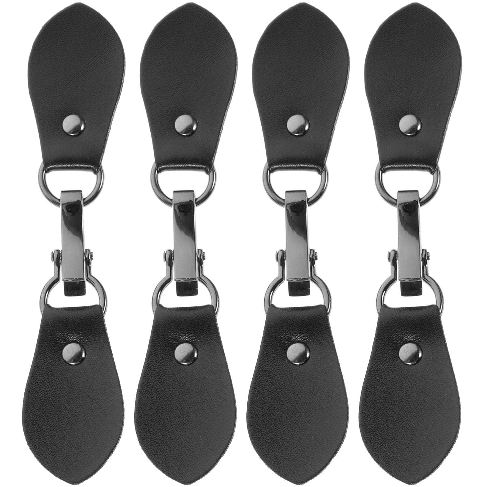HEALLILY Leather Hook Fasteners, 4pcs Metal Clasp Closure Set for Coats Jackets Overcoats, Black Hook with Black Leather Tabs, Sewing Toggle Buckles for Straps and Belts