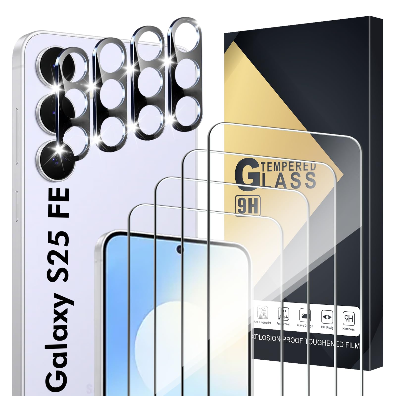 Xiezezei Screen Protector Compatible with Galaxy S25 FE 5G, [4+4 Pack] Camera Lens Protectors, Fingerprint Unlock Support, HD Tempered Glass, Touch Sensitive, Anti Scratch, Case Friendly