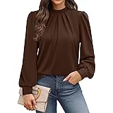WIHOLL Long Sleeve Shirts for Women Mock Neck Tops Pleated Front Blouses Dressy Casual Spring Fall Clothes 2026 Fashion