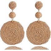 Boho Raffia Ball Earrings for Women, Handmade Statement Drop Earrings Straw Dangle Earrings Beach Vacation Jewelry