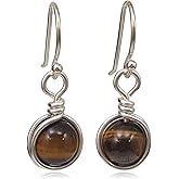 Sterling Silver Tiger Eye Drop Earrings, Handmade Natural Gemstone Dangle Jewelry