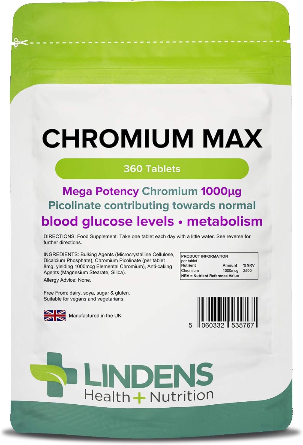 Lindens Chromium Max 1000mcg Picolinate - 360 Vegan Tablets, White Speckled, 1 count (Pack of 360)