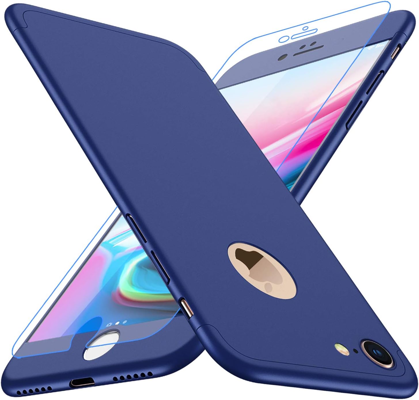 Losvick iPhone 7 Case, with [Tempered Glass Screen Protector] 360° Full Body Shockproof Ultra-Thin 3 in 1 Case,Anti-Scratch and Anti-Slip Hard PC Slim Cover for iPhone 7-4.7 inch - Blue