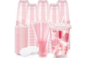 Xuelimei 16oz Disposable Stemless Glasses with Flat Lids and Straws,PET Disposable Drinking Cups,Clear Plastic Wine Glasses for Parties Birthday,Wedding,Meeting,Christmas Party Supplies. (100, Pink)
