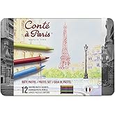 Cont&eacute; &agrave; Paris Pastel Pencils with 12 Assorted Colors, Black | Highly Pigmented Lead, Unique Velvety Finish, Ideal for Portraits, Life Drawing &amp; General Silhouette Work, Blendable