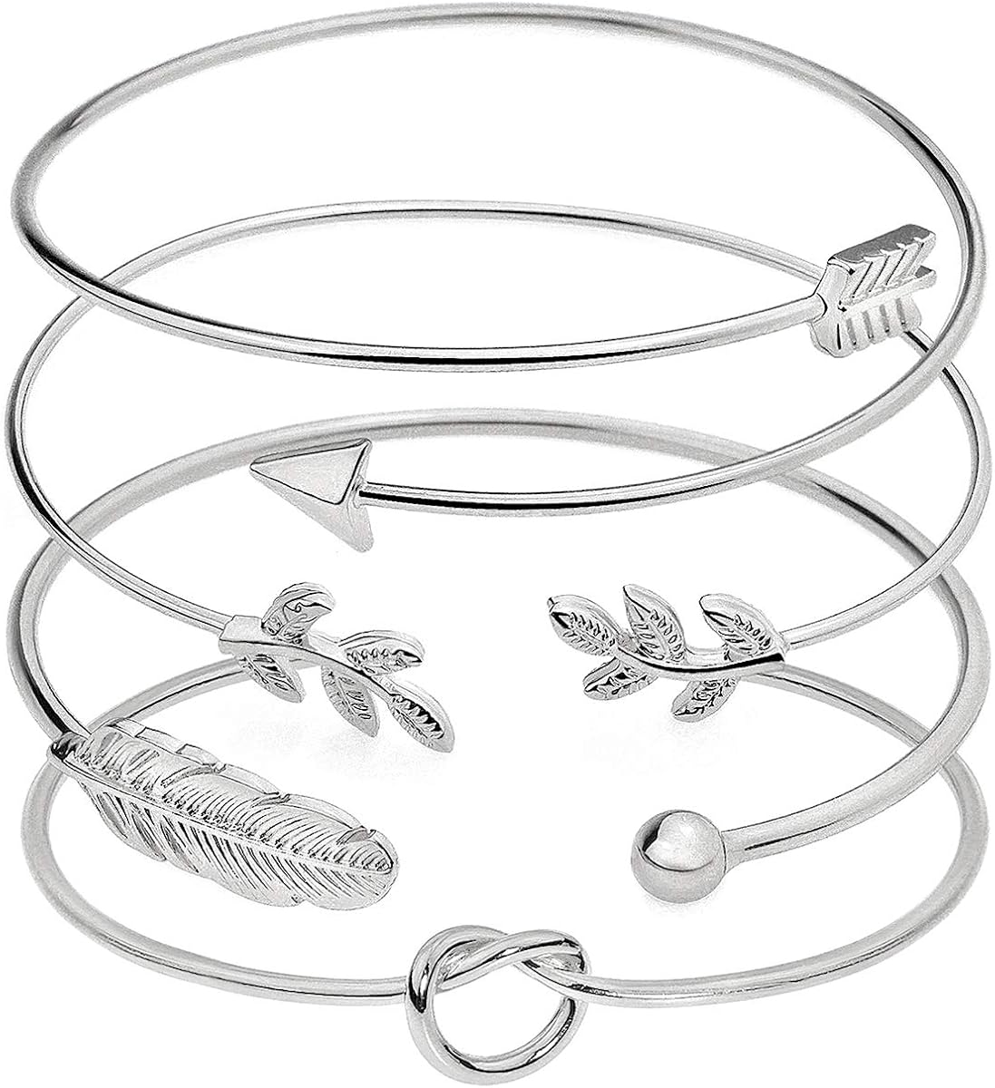 Suyi 4Pcs Adjustable Cuff Bracelet Open Wire Bangle Stackable Wrap Bracelet Set for Women Silver, 2.6"