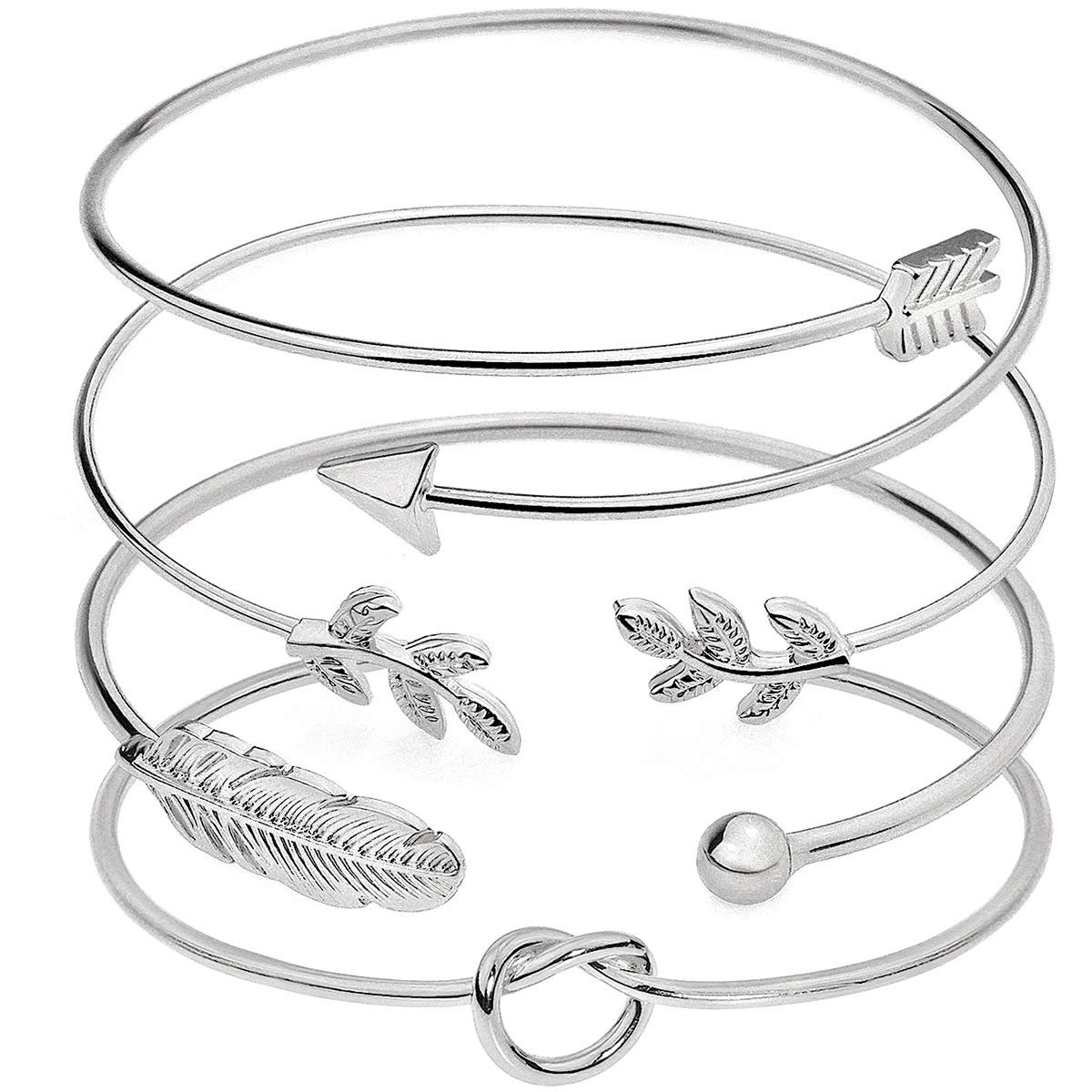 Suyi 4Pcs Adjustable Cuff Bracelet Open Wire Bangle Stackable Wrap Bracelet Set for Women Silver