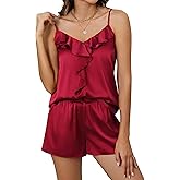 Blooming Jelly Womens Pajamas Set Silk Satin Pjs Set 2 Piece Sleepwear Ruffle V Neck Camisole Tops and Shorts with Pockets