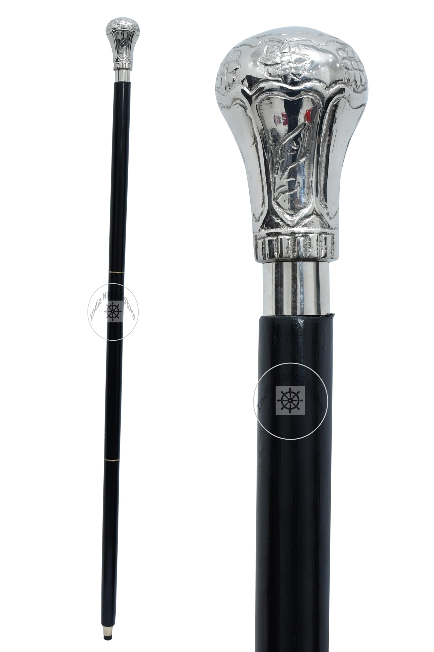 Alfiya Nautical Chrome Plated Brass Knob Walking Cane | Classic Wooden Support Stick with Comfortable Grip | Durable Walking Accessory & Gift
