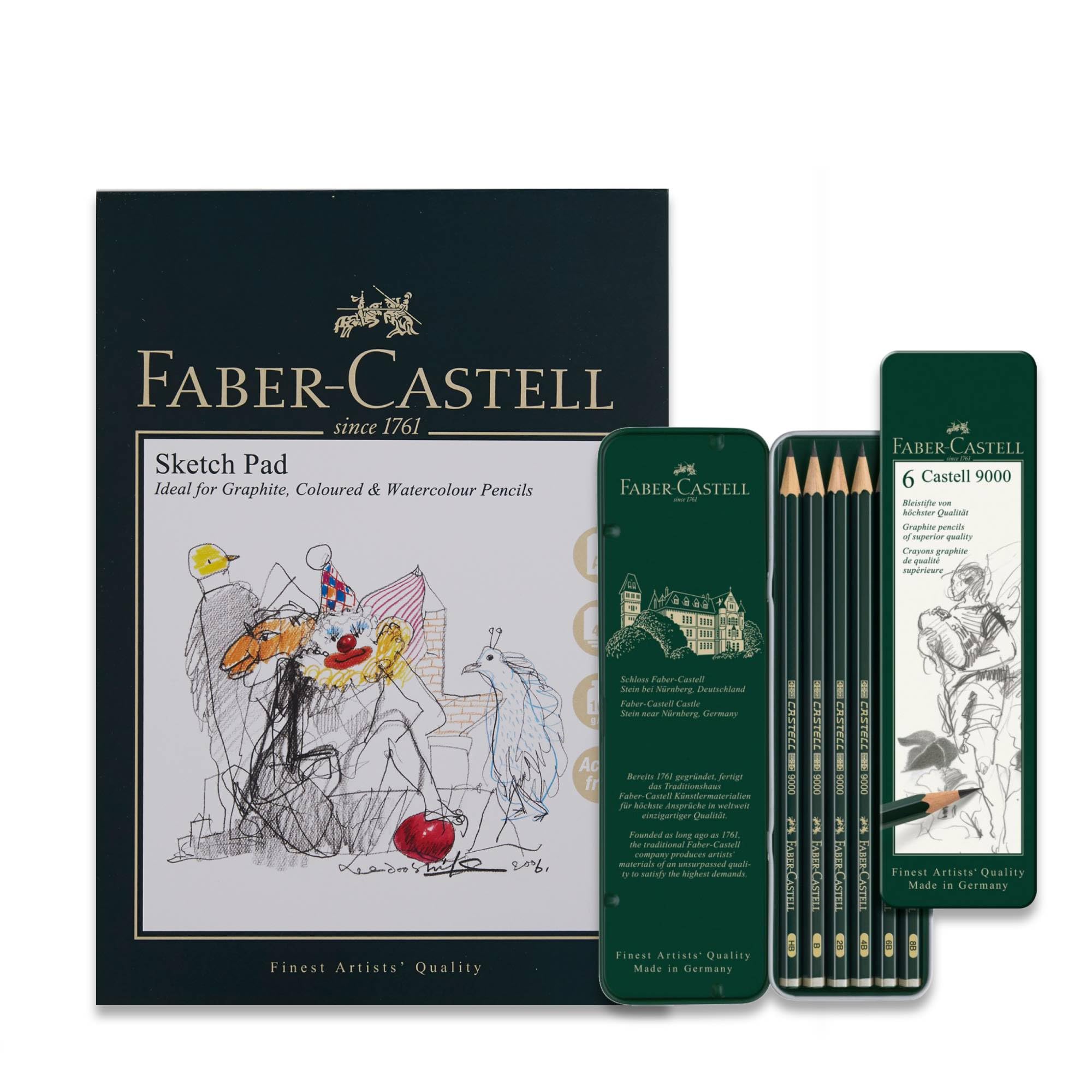 Faber-Castell A5 Sketch Pad, 40 Sheet, 160gsm & Castell 9000 Art Set Tin of 6, Adult Colouring Books, Craft Supplies, Drawing, Sketching, Lightfast Pencils, Schools, Home, College