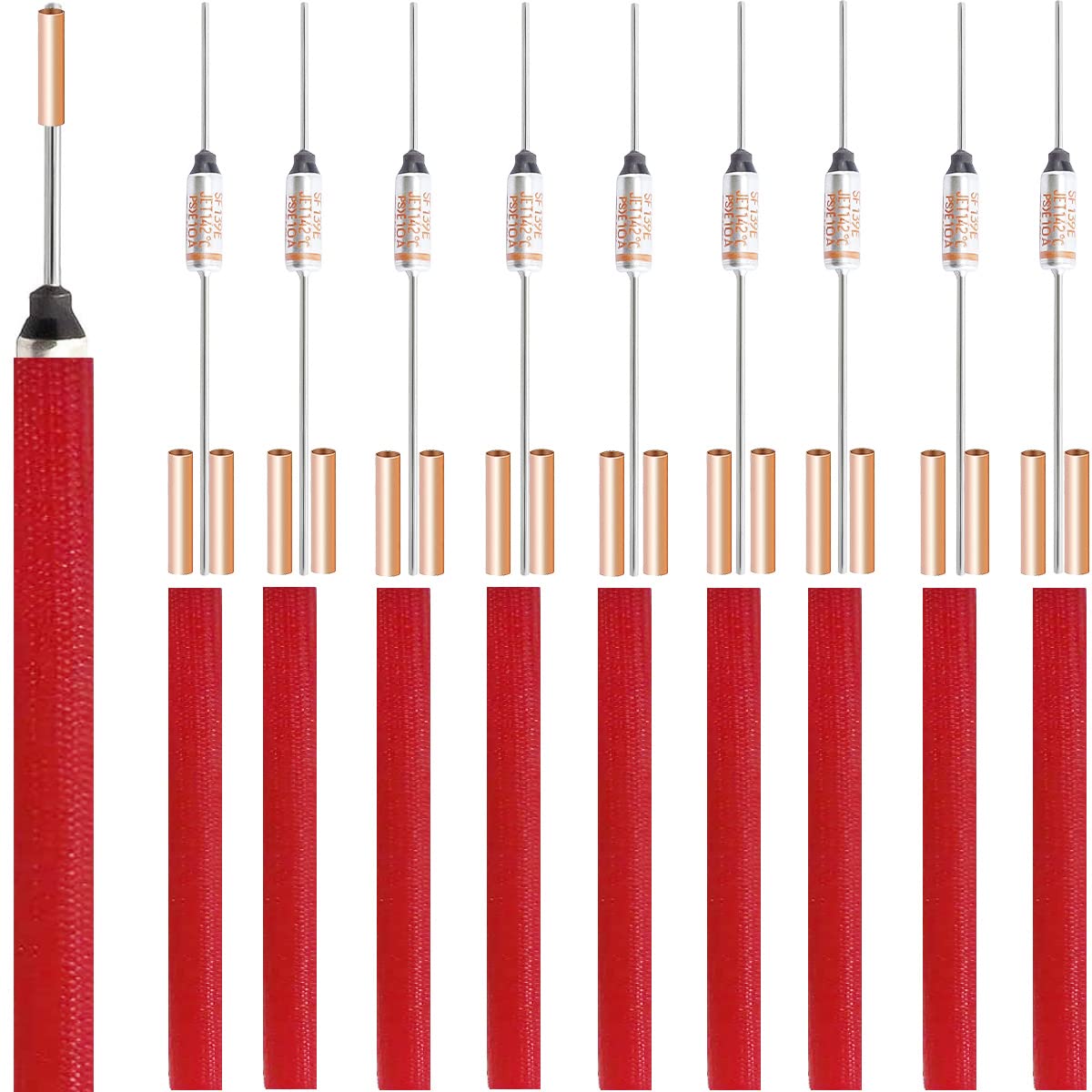 Youmile 10 pcs SF139E SEFUSE 142 Degree Celsius Metal Thermal Cutoffs Thermal Fuse 10A 250V with GT-1 Crimp terminal Silicone fiberglass sleeving for Household Electrical appliances