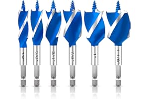 NICAVKIT 6Pcs Auger Drill Bit Set for Wood, 1/2", 5/8", 3/4", 7/8", 1" and 1-1/8" Inch Size, 4-Inch Long Impact Wood Auger Drill Bit Set with 1/4" Quick Change Hex Shank