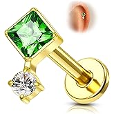 COCHARM 16G Titanium Flat Back Helix Piercing Jewelry, Square Design Threadless Cartilage Tragus Earring Stud, Gold and Silver Tone Conch Lobe Jewelry