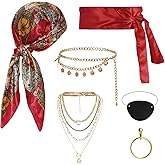 Yymobt Pirate Costume Accessories Set for Women with Pirate Bandanas Head Scarf Eye Patch Sash Earring Necklace Belt Chain for Adult Halloween Cosplay Party
