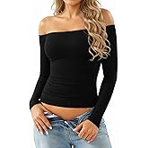 MANGOPOP Off The Shoulder Tops for Women Sexy Long Sleeve T Shirt Slim Fitted Tee Casual Blouse Going Out Tops