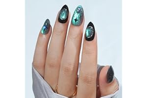 JOFAY FASHION Press On Nails Halloween Almond - Spider Gem, Chameleon Cat Eye Effect Halloween Nails, Acrylic Square Short Halloween Fake Nails with Nail Glue, Stick On Nails in 16 Sizes - 32 PCS Soft Gel Kit