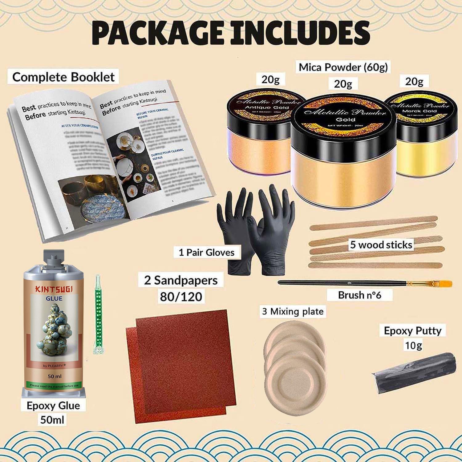 PLEARTY Kintsugi Repair Kit 50ml Food Safe Linseed Resin Dishwasher Proof 60g Metallic Gold Mica Powder 15-Page Guide - The Most Complete and Modern Kintsugi kit for Beginners (Without Ceramics)