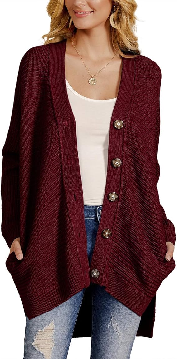 Soulomelody Womens Boho Oversized Knitted Cardigan Batwing Long Sleeve Button Down Loose Boho 