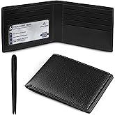 Plinvo Slim Genuine Leather Wallet for Men Bifold Design with ID Clear Window and 6 Credit Card Slots Minimalist Handmade Card Holder (Black)