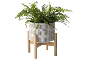 LA JOLIE MUSE Ceramic Plant Pot with Wood Stand - 7.3 Inch Modern Round Decorative Flower Pot Indoor with Wood Planter Holder, Beige and White
