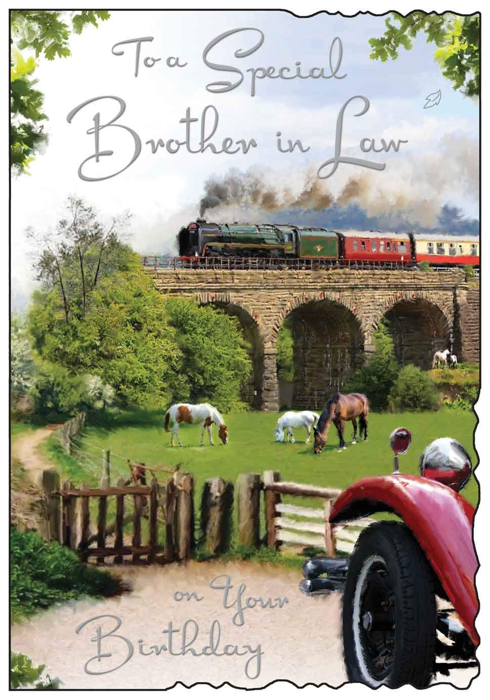 Jonny Javelin Brother In Law Birthday Card - Steam Train and Countryside Horses Design with Foil Details - Birthday Card for Men