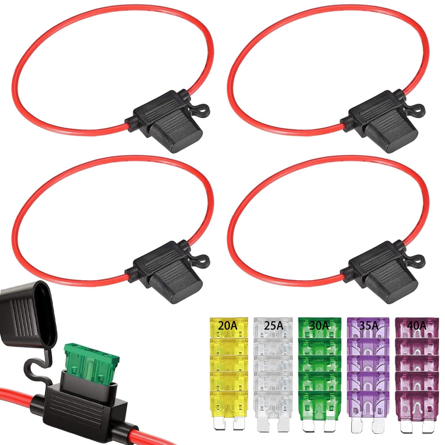 GTIWUNG 5PCS Car Inline Standard Blade Fuse Holder Waterproof 12AWG, Medium Size DC Fuse Holder Box with 25PCS Standard Car Fuses, 20A 25A 30A 35A 40A Automotive Replacement Fuses