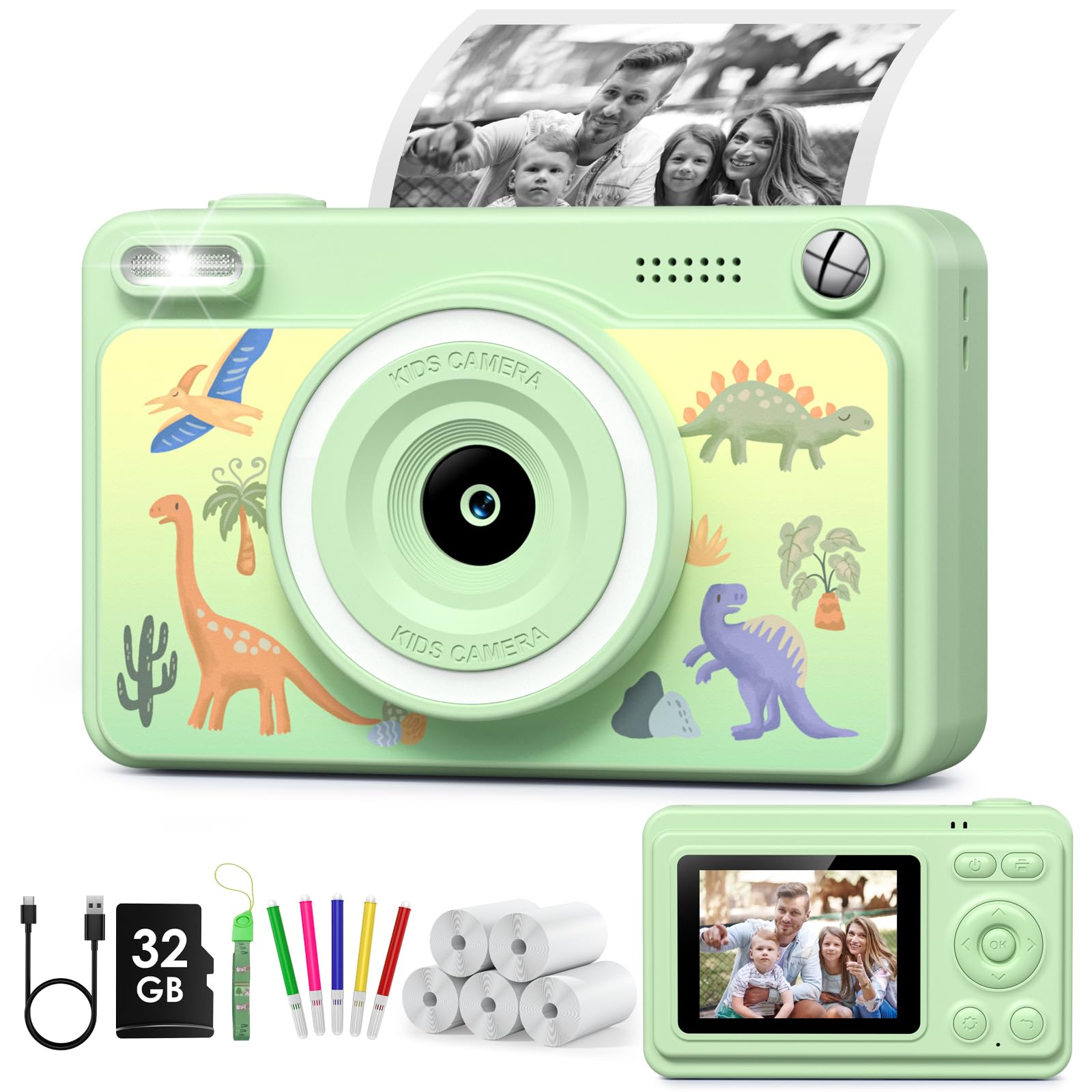 Kids Camera Instant Print, 1080P Instant Camera for Kids with 5 Rolls Print Paper & 32GB Card, Kids Digital Cameras Christmas Birthday Toddler Boys Gifts for Girls Toys Age 3-12