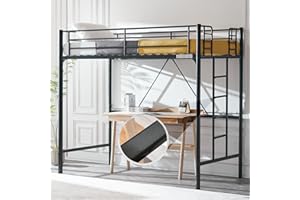 VINGLI 71 Inches Tall Loft Bed Twin Size with Flat Ladder Rung for Kids Teens Adults Heavy Duty Metal Single Bunk Bed Loft with Safety Guard Rails for Small Space, Black