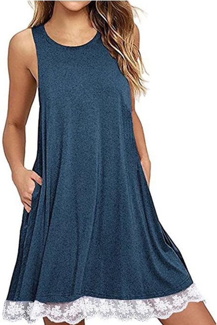 Women Summer Sleeveless Tank Dress Loose Lace Crochet Swing T-Shirt Dress Beach Sundress