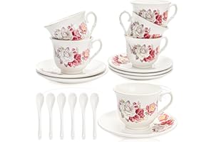 WRINGKIT Tea Cups and Saucers Set of 6, 6 Oz Floral Tea Cups with Spoon, Porcelain Coffee Mugs for Espresso, Latte, Cafe Moch