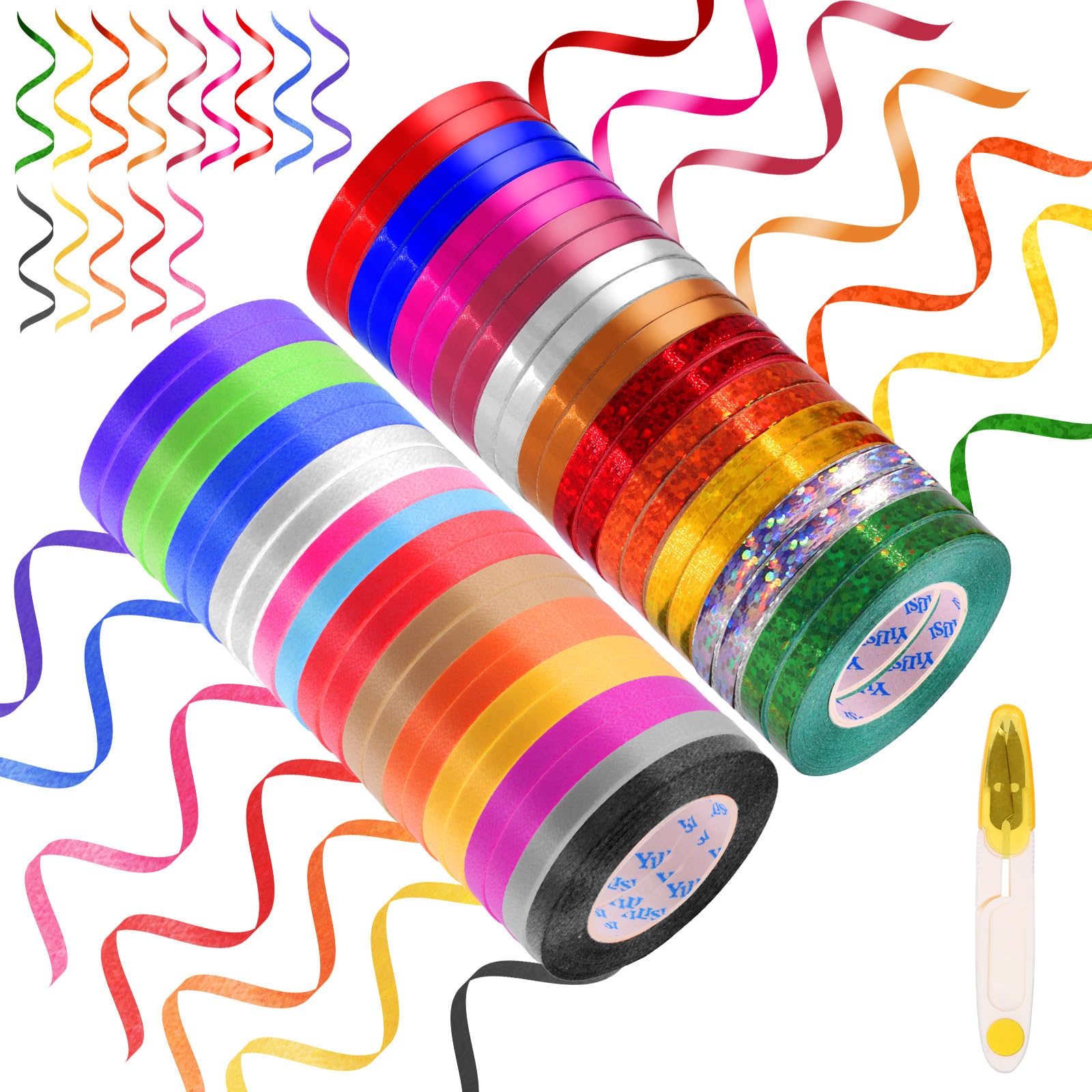 Rustark 48 Rolls Curling Ribbon Balloon String Set with Scissor, Gift Wrapping Ribbon for Crafts Tying Up Balloons Gift Wrapping Party Decorations Florist Flower (0.2 inch x 11 Yards / 5mm x 10m)