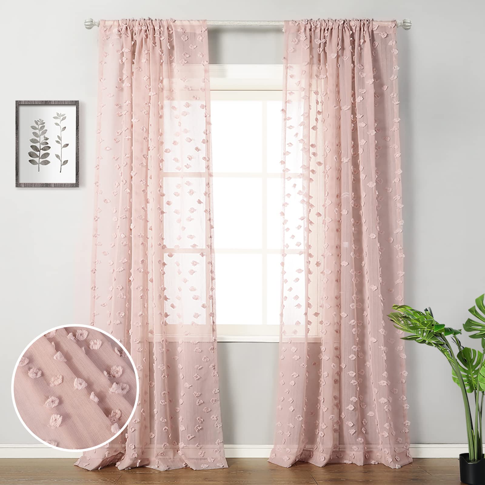 Photo 1 of MYSKY HOME Pom Pom Pink Sheer Curtains for Bedroom Girls Room Dusty Rose Curtains 108 Inches Long for Nursery Kids Light Filtering Boho Window Drapes, Rod Pocket, 52" Wide, 2 Panels