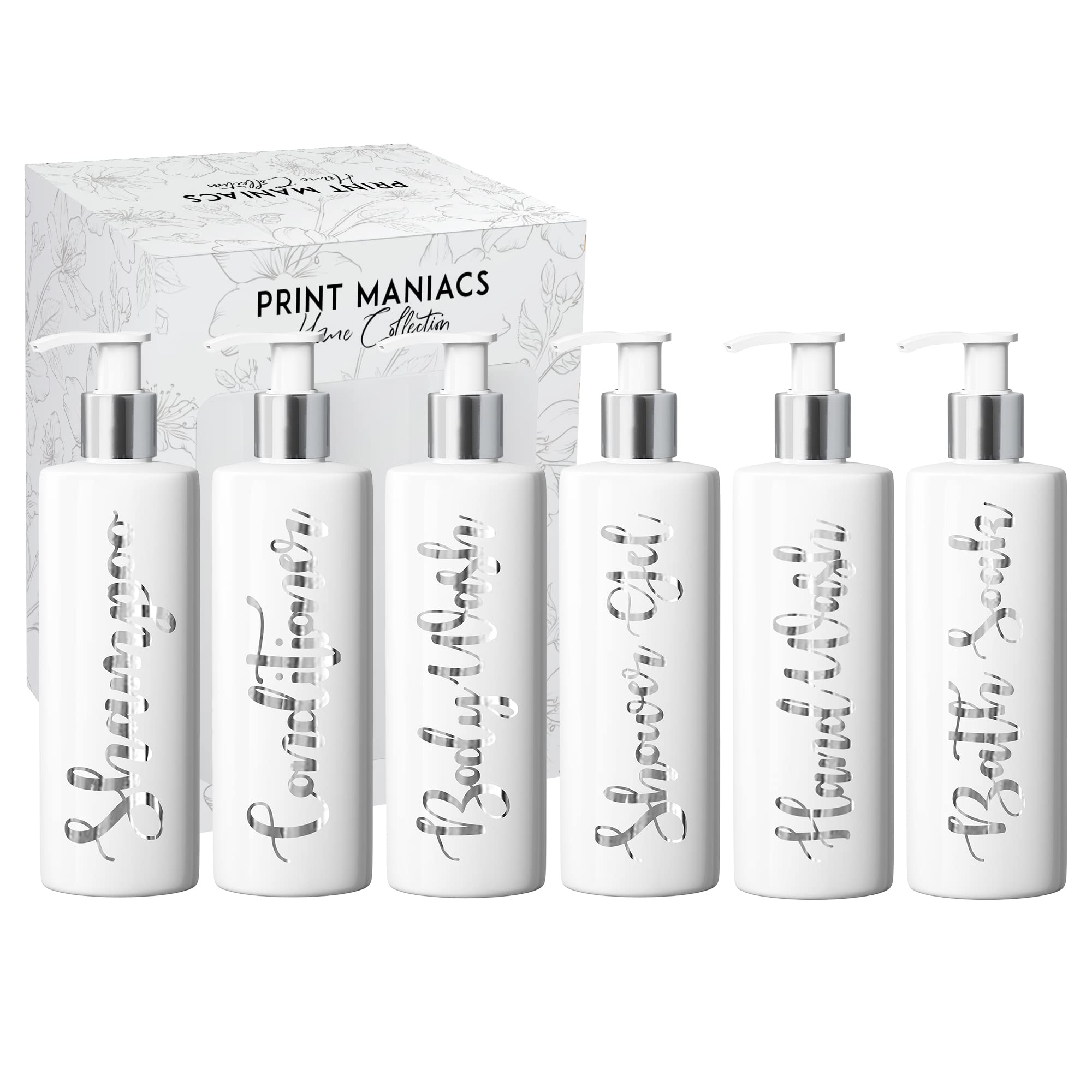 Print Maniacs Mrs Hinch Inspired White Personalised Dispenser Silver Pump Bottles Set 6 (SILVER)