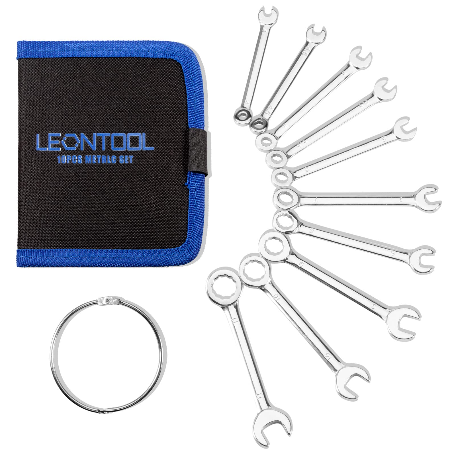 LEONTOOL Small Wrench Set Metric 10 Pcs 4mm to 11mm Open End and Box End Spanner Wrenches with Key Ring, Ignition Wrench Set Standard with Portable Storage Pouches