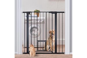 Mumeasy 36" High Extra Tall Baby Gate with Cat Door, 29.6"-40.5" Wide Pressure Mounted Dog Gate with Small Pet Door, Auto Close Pet Gate for House,Stairs,Doorways,Black