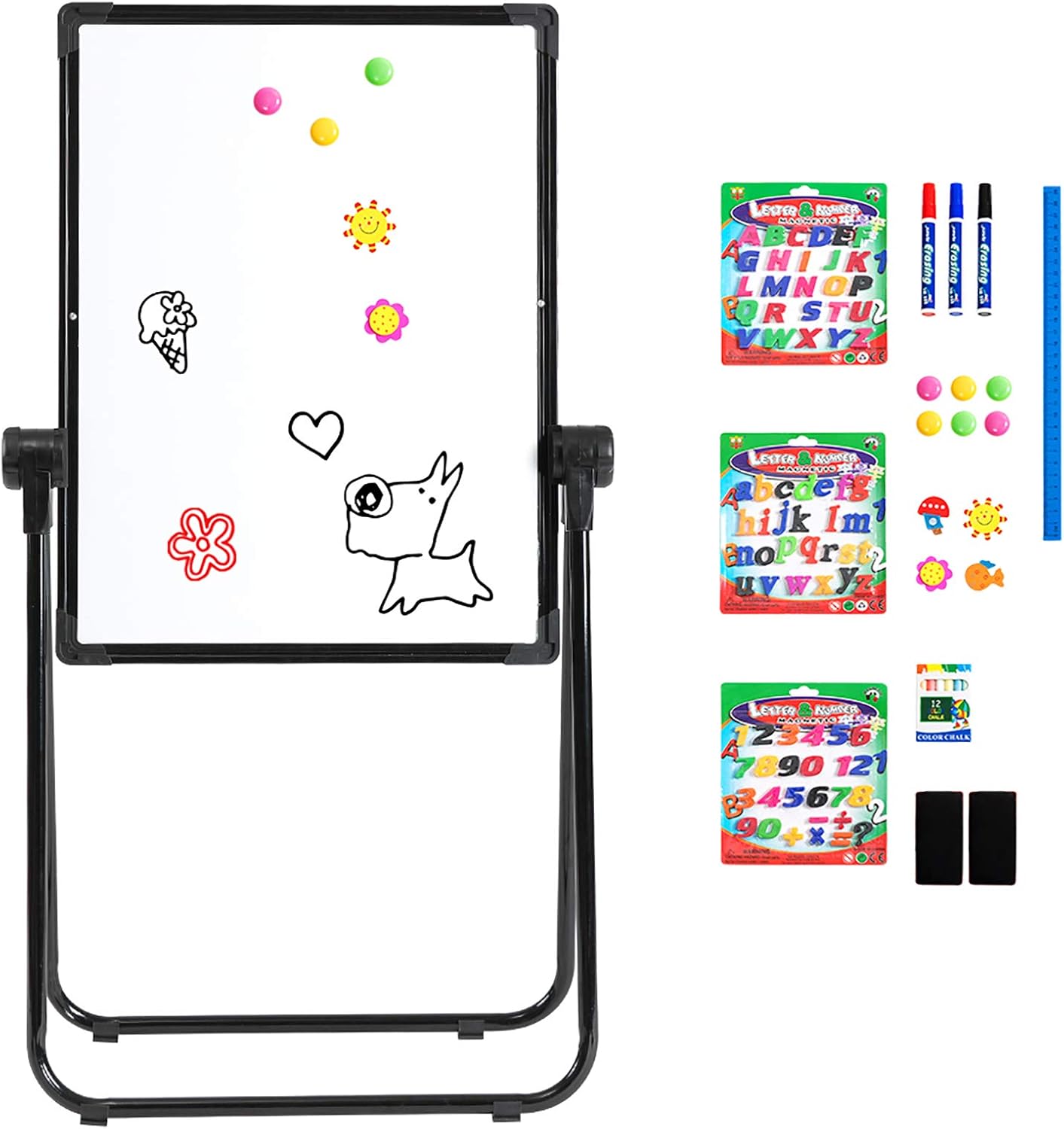 DOEWORKS Easel Magnetic Whiteboard Easel, Double Sides Whiteboard & Chalkboard U-Stand Writing Drawing Board