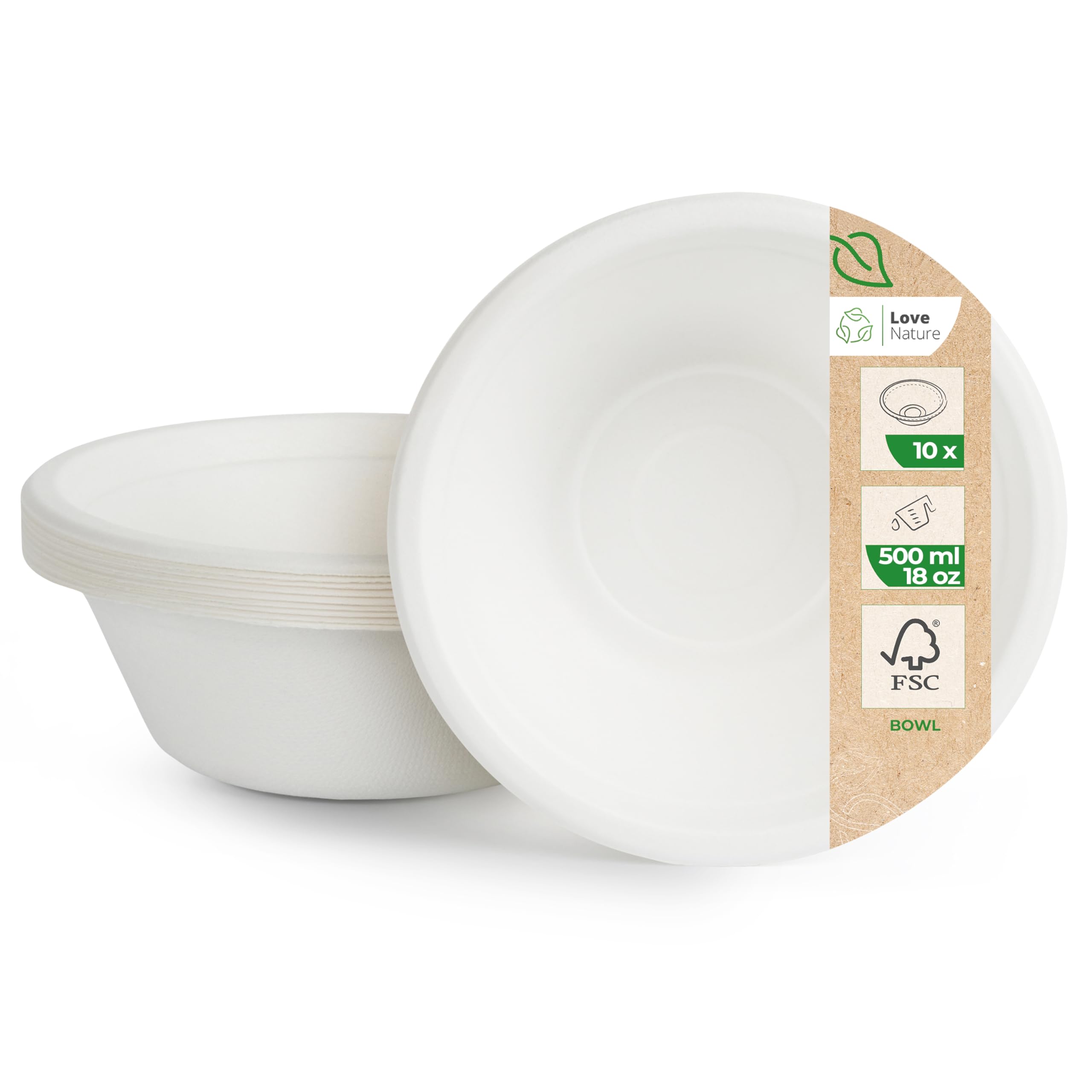 Love Nature Disposable Sugarcane Pulp Bowls - 500ml, 10 Pieces - Eco-Friendly, Biodegradable, Microwave Safe, Dishwasher Safe - Perfect for Parties, Catering, Leftovers