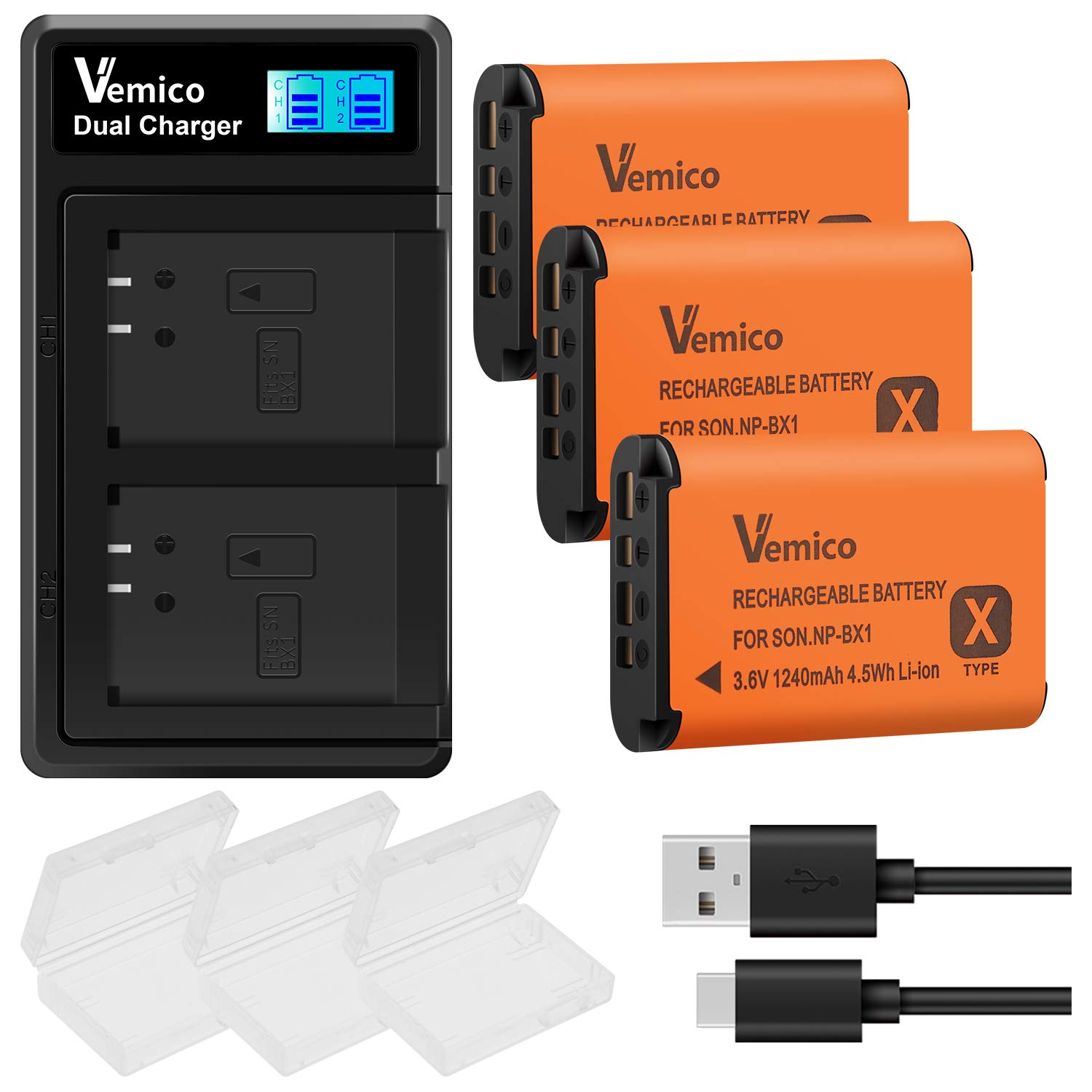 SANOOV NP-BX1 Battery Charger Set 3X1240mah Replacement Batteries 2 Channel LCD Charger Type-C USB Cable Pack for Cyber-shot DSC-RX100/DSC-RX100 II/DSC-RX100 III/DSC-RX100 V/DSC-RX100IV
