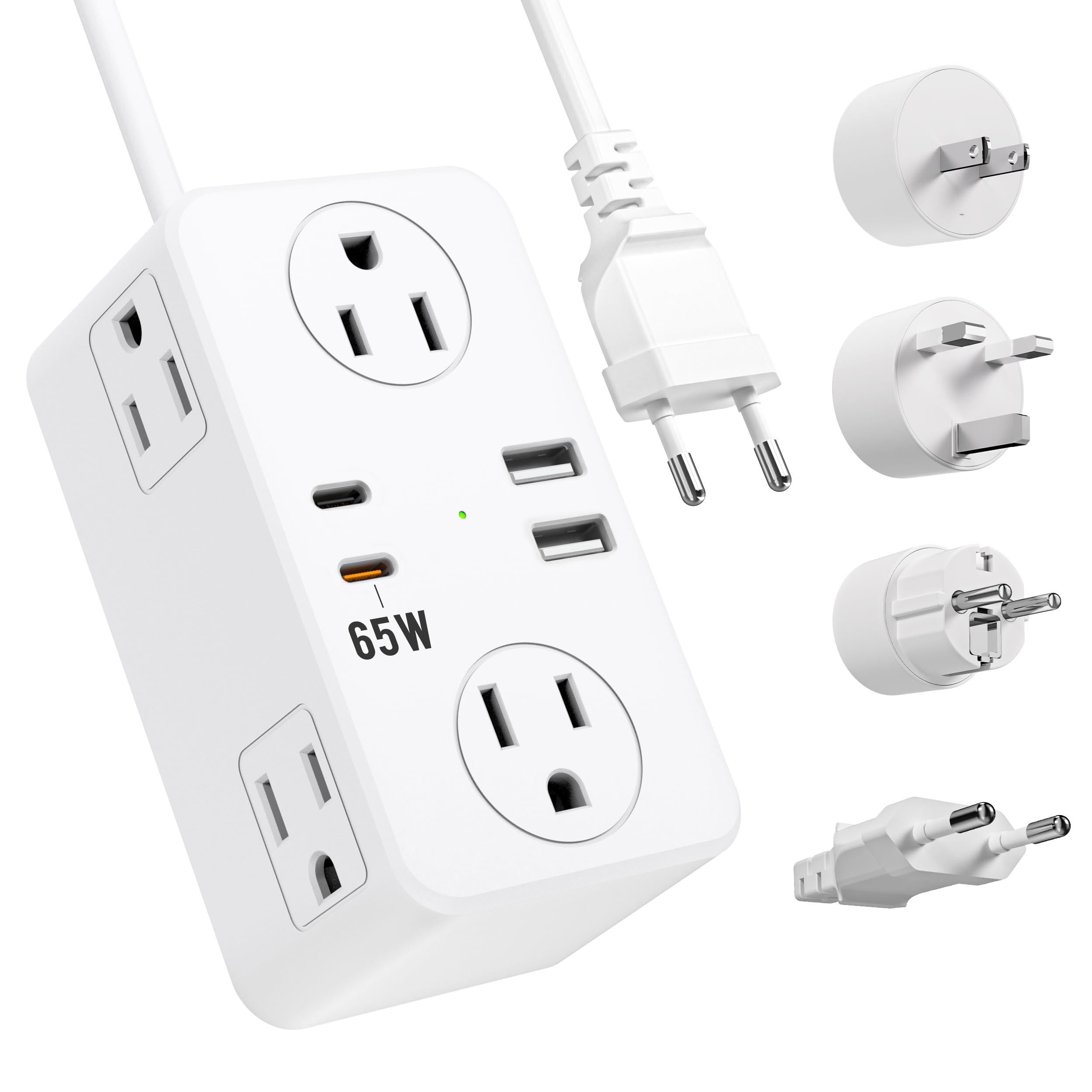 Photo 1 of Kakyanill European Travel Plug Adapter, EU/UK/US Travel Adapter Power Strip, 6 AC Outlets, 65W USB C Power Delivery, 3ft Wrapped Around Extension Cord, Compact for Travel