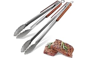 Esie Houzie 16" & 12" Heavy Duty Stainless Steel Grill Tongs with Locking Mechanism & Heat-Resistant Wooden Handle - 2-Pack B