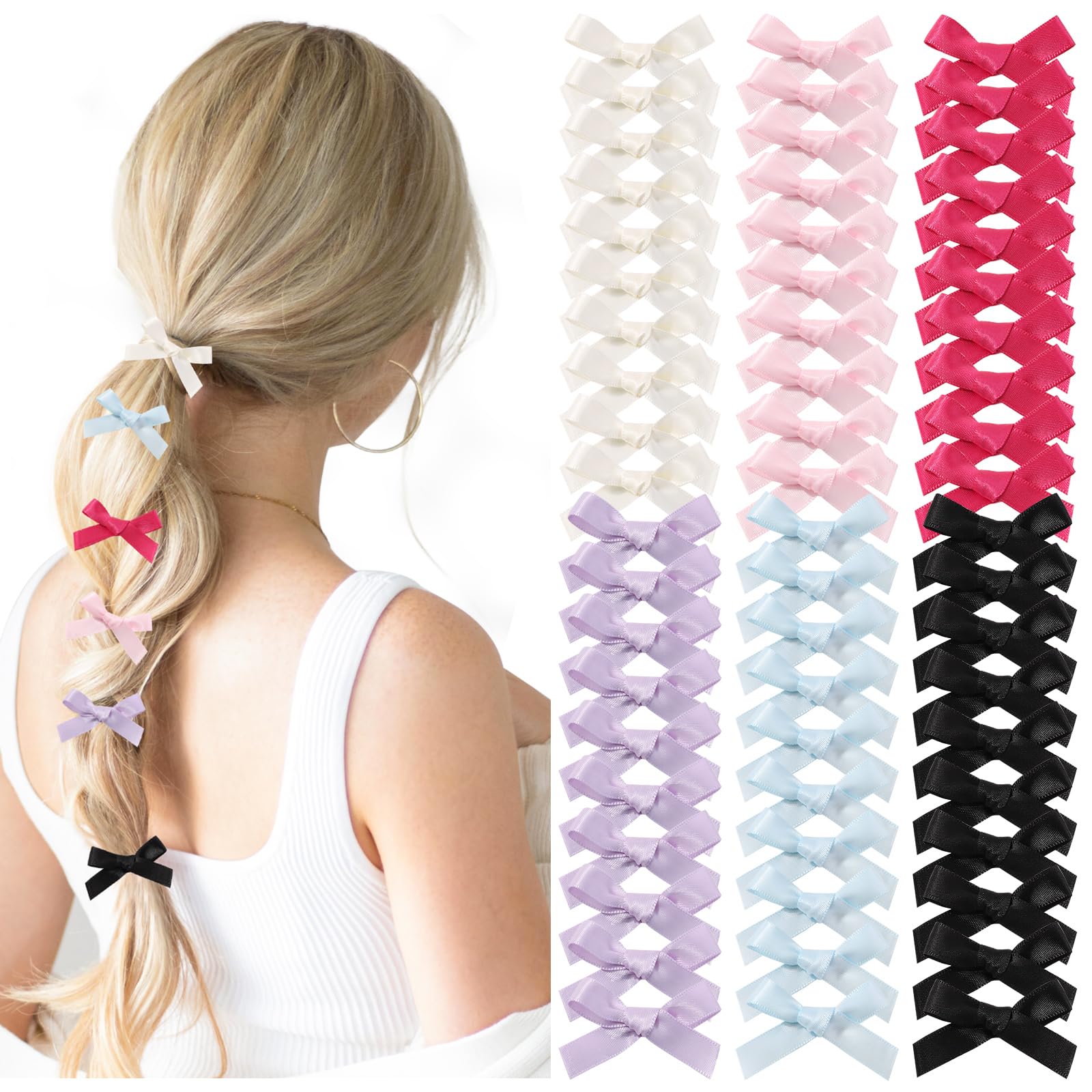 Photo 1 of ******* PACK OF 2***** 60PCS Hair Bow Clips Satin Mini Bowknot Hair Accessories Cute Hair Bow Barrettes Ribbon Hairpins for Women Girls (Black Pink Beige Blue Purple Rose)