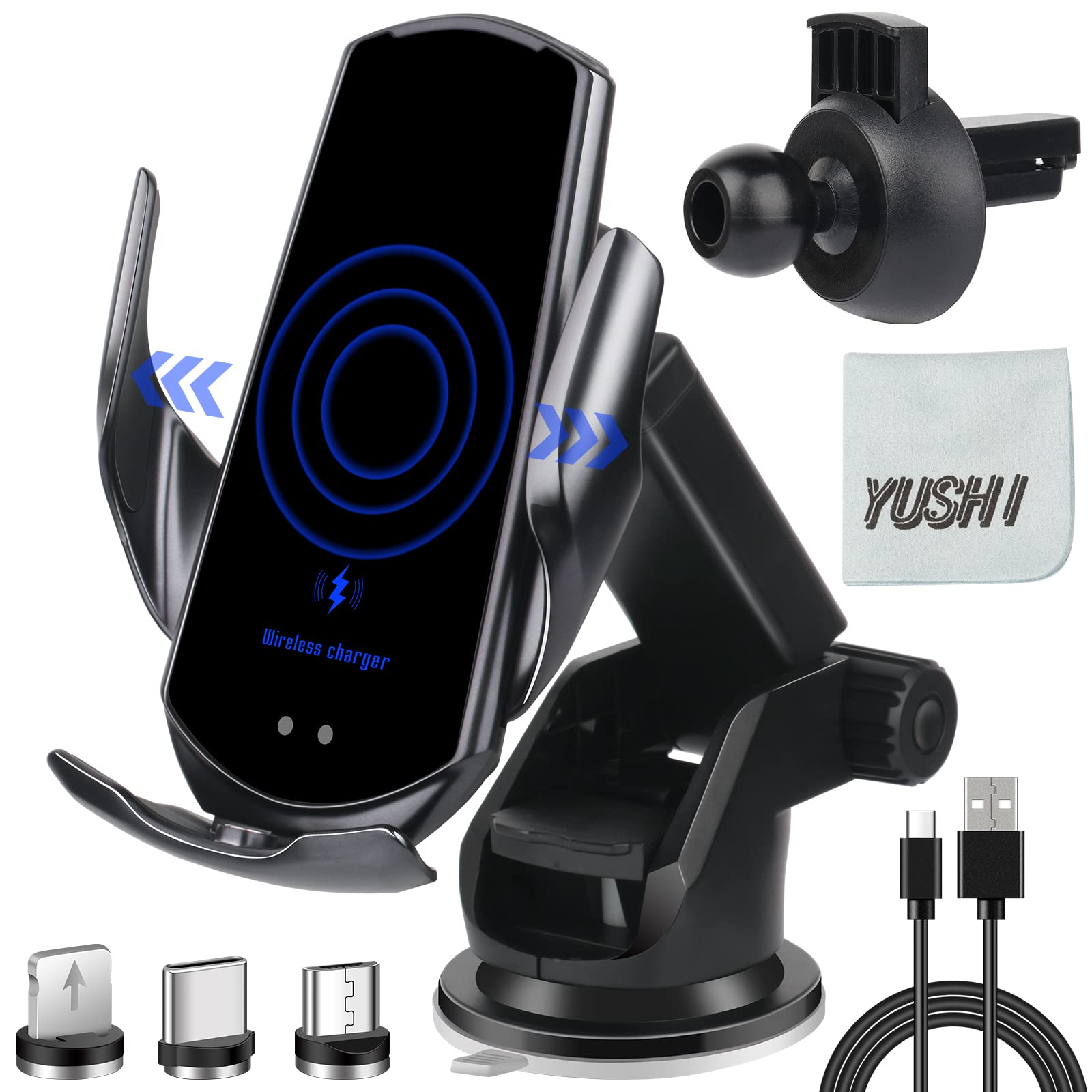 YUSHIHU Wireless Car Charger,15 W Qi Charging, Automatic Sensor Auto-Clamping Car Phone Holder, Windshield Dashboard Air Vent Phone Mount,compatible for iPhone, Xiaomi, Google, Honor,OPPO,etc