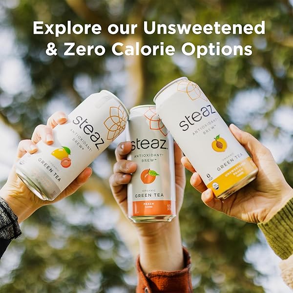STEAZ – ORGANIC GREEN TEA – SUPERFRUIT (12 PACK) – ANTIOXIDANT BREW – 65MG NATURAL CAFFEINE, 90 CALORIES, VITAMIN C – CANE SUGAR SWEETENED ICED TEA – VEGAN, FAIR TRADE – 12 CANS, 16 FL OZ (473ML)