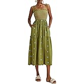 ABYOVRT Women Floral Embroidered Maxi Dress Sleeveless Tie Shoulder Smocked Flowy Dress Boho Summer Sundresses with Pockets