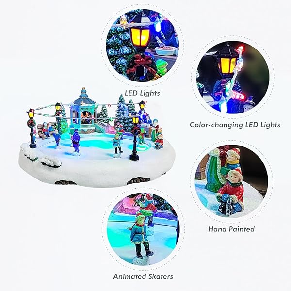 MOMENTS IN TIME ANIMATED SKATING POND 7.28”H LED CHRISTMAS VILLAGE DISPLAY WITH MOVING SKATERS, LIGHTS & MUSIC, ADAPTER OR BATTERY OPERATED, HANDCRAFTED POLYRESIN DECOR