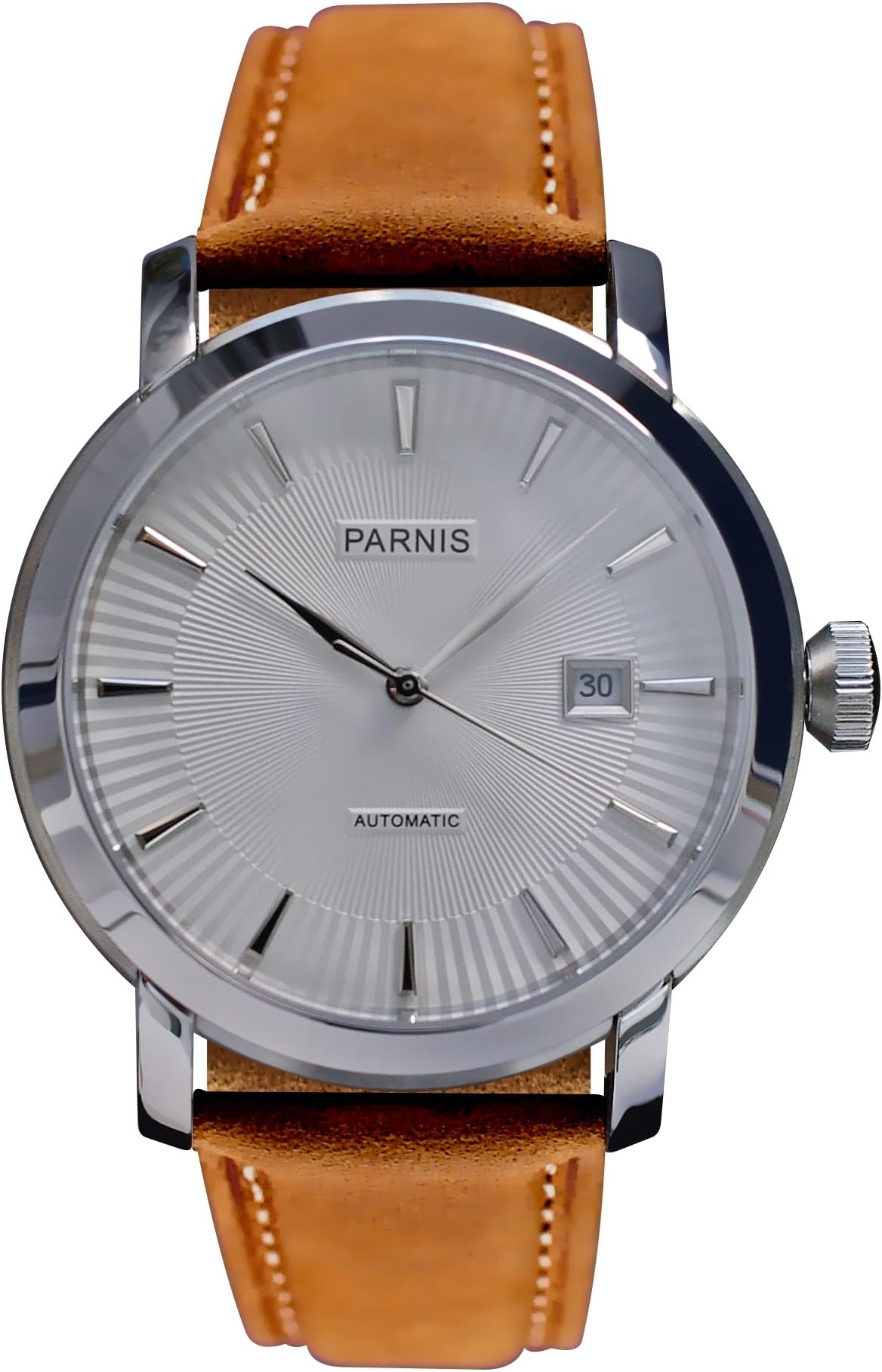 Parnis Automatic Watch Model 3213 Diameter 43 mm Stainless Steel Case Sapphire Crystal Men's Watch 5bar Calf Leather Bracelet Miyota 821 A