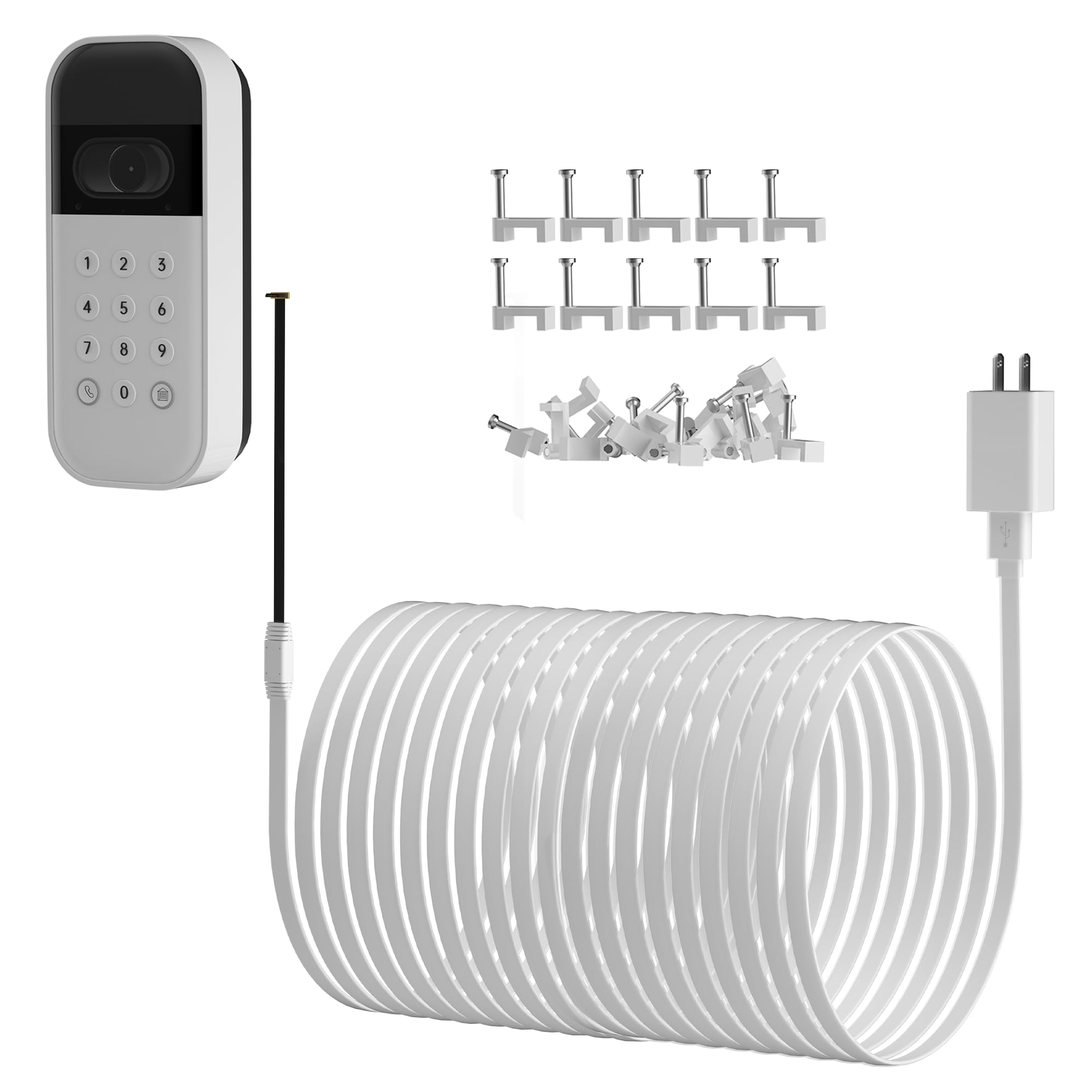 Photo 1 of 20ft/6m Outdoor Power Cable & Adapter for myQ Smart Garage Door Video Keypad – Weatherproof, Flat Cable, Continuous Charging, Includes 30 White Mounting Nails