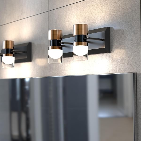 PHIXART LED BATHROOM VANITY LIGHT FIXTURES, 2 LIGHT BLACK AND GOLD WALL SCONCES LIGHTING, MODERN BATHROOM LIGHT FIXTURES, LED WALL LAMP FOR MIRROR LIVING ROOM BEDROOM DRESSING TABLE BAR